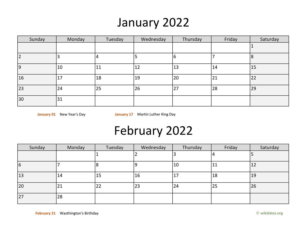 Printable Bi-Monthly 2022 Calendar | Wikidates.org