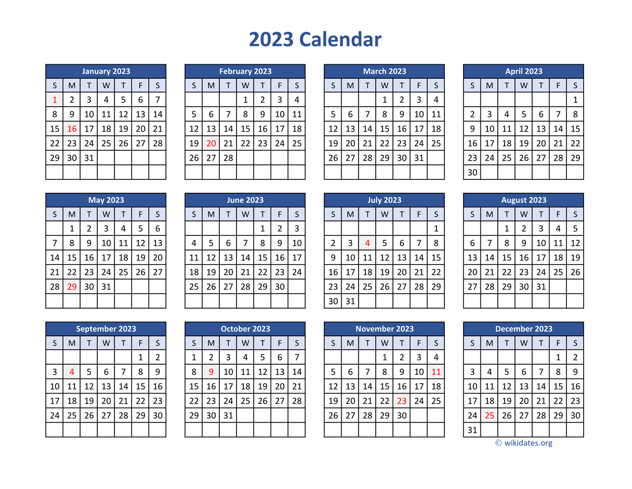 2023 Calendar in PDF | WikiDates.org