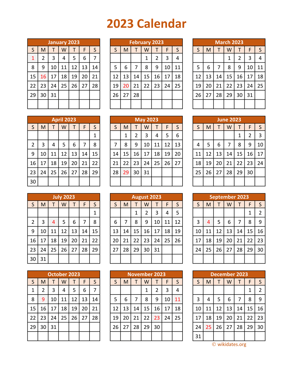 Full Year 2023 Calendar on one page