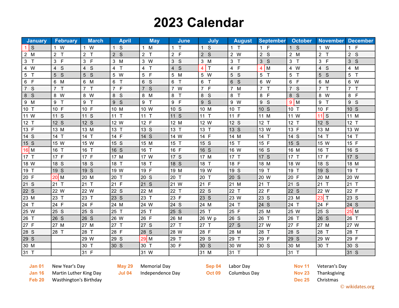 2023 calendar horizontal one page wikidates org
