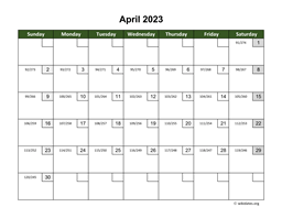 April 2023 Calendar with Day Numbers