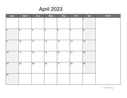 April 2023 Calendar with Notes