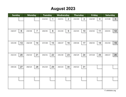 August 2023 Calendar with Day Numbers
