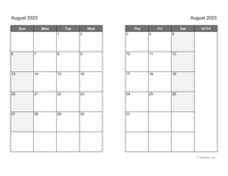 August 2023 Calendar on two pages