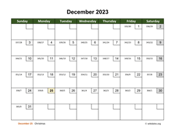 December 2023 Calendar with Day Numbers