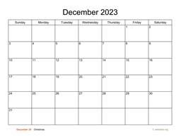 Basic Calendar for December 2023