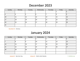 December 2023 and January 2024 Calendar