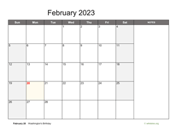 February 2023 Calendar with Notes