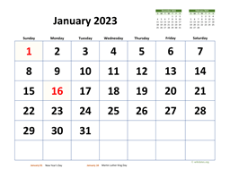 January 2023 Calendar with Extra-large Dates