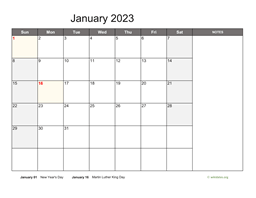 January 2023 Calendar with Notes