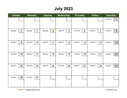 July 2023 Calendar with Day Numbers