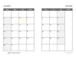 July 2023 Calendar on two pages