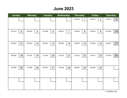 June 2023 Calendar with Day Numbers