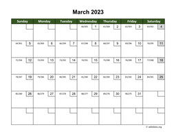 March 2023 Calendar with Day Numbers