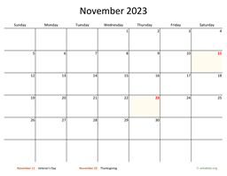November 2023 Calendar with Bigger boxes