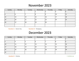 november and december 2023 calendar