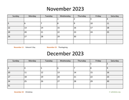 November and December 2023 Calendar