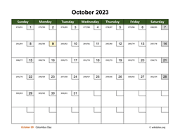 October 2023 Calendar with Day Numbers