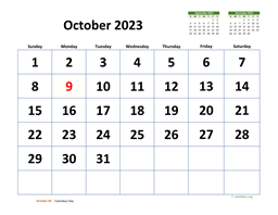 October 2023 Calendar with Extra-large Dates