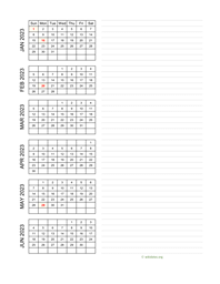 six months 2023 calendar vertical with notes