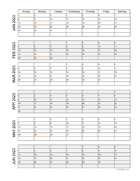 six months 2023 calendar vertical