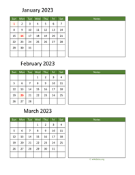 three months 2023 calendar vertical with notes