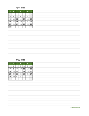 April and May 2023 Calendar with Notes
