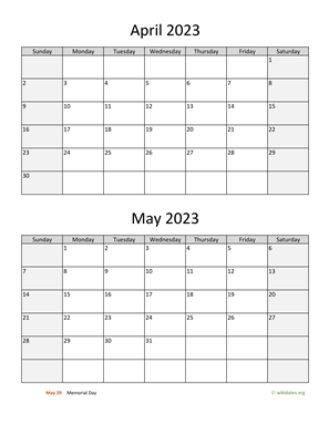 April and May 2023 Calendar Vertical