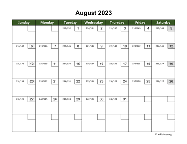 August 2023 Calendar with Day Numbers