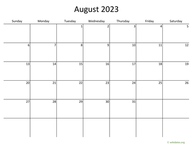 August 2023 Calendar with Bigger boxes