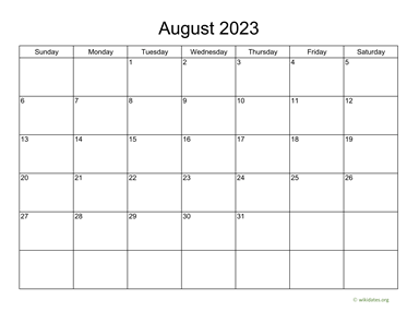 Basic Calendar for August 2023