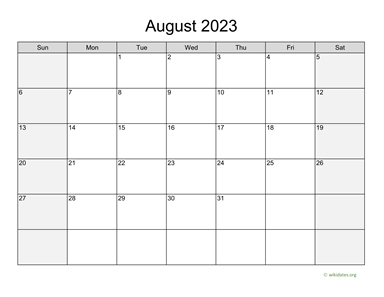 August 2023 Calendar with Weekend Shaded