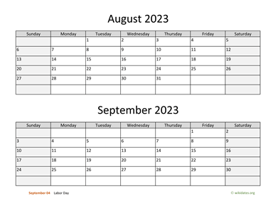 August and September 2023 Calendar Horizontal