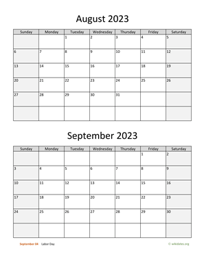 August and September 2023 Calendar Vertical