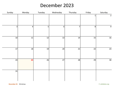 December 2023 Calendar with Bigger boxes