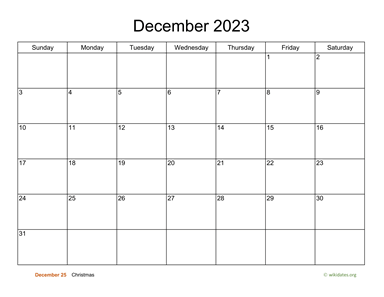 Basic Calendar for December 2023