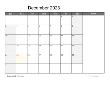 December 2023 Calendar with Notes