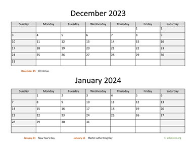 December 2023 and January 2024 Calendar Horizontal