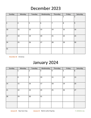 December 2023 and January 2024 Calendar Vertical