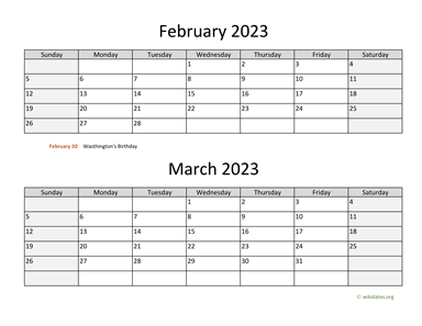 February and March 2023 Calendar Horizontal