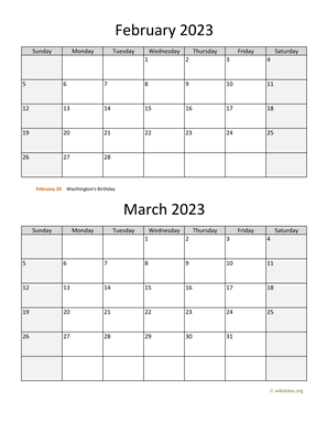 February and March 2023 Calendar Vertical