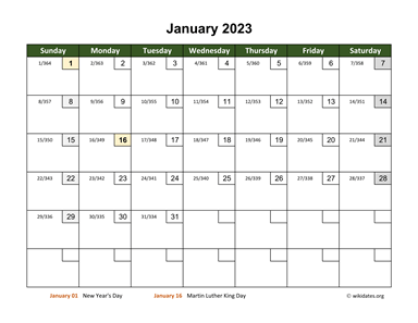 January 2023 Calendar with Day Numbers