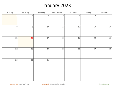 January 2023 Calendar with Bigger boxes