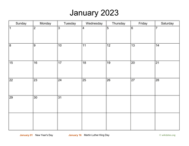 Basic Calendar for January 2023