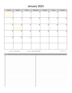 January 2023 Calendar with To-Do List