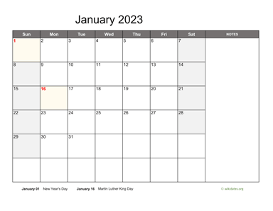 January 2023 Calendar with Notes