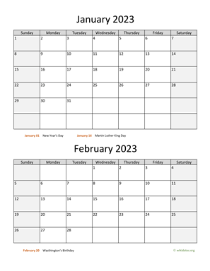 January and February 2023 Calendar Vertical
