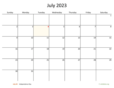 July 2023 Calendar with Bigger boxes