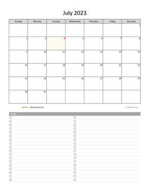 July 2023 Calendar with To-Do List