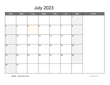 July 2023 Calendar with Notes